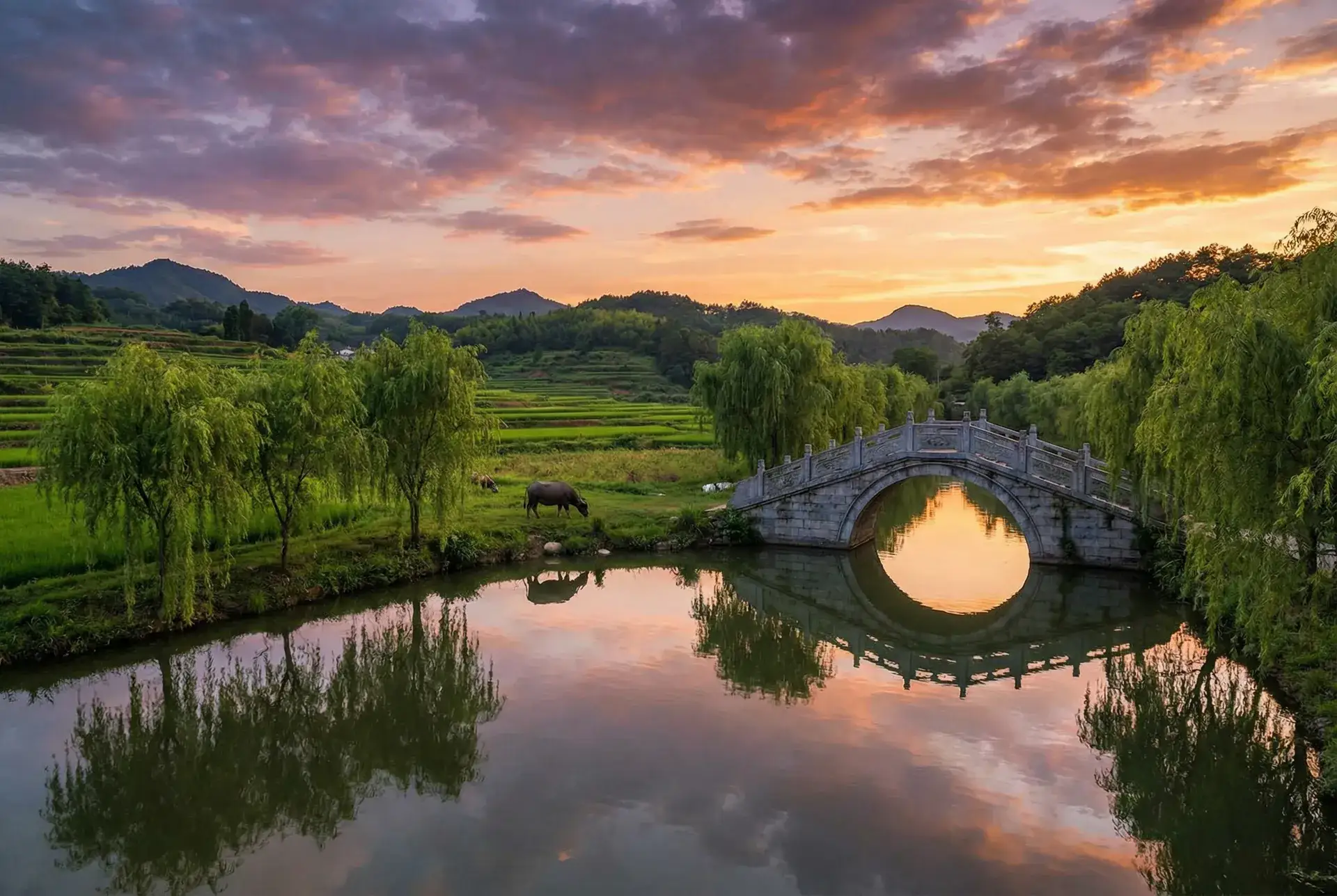 夕阳下的石拱桥与垂柳，水牛在河边吃草 - 妈妈的朋友_海角官方网入口 乡村美景
